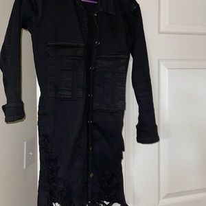 Black, thigh length jean jacket